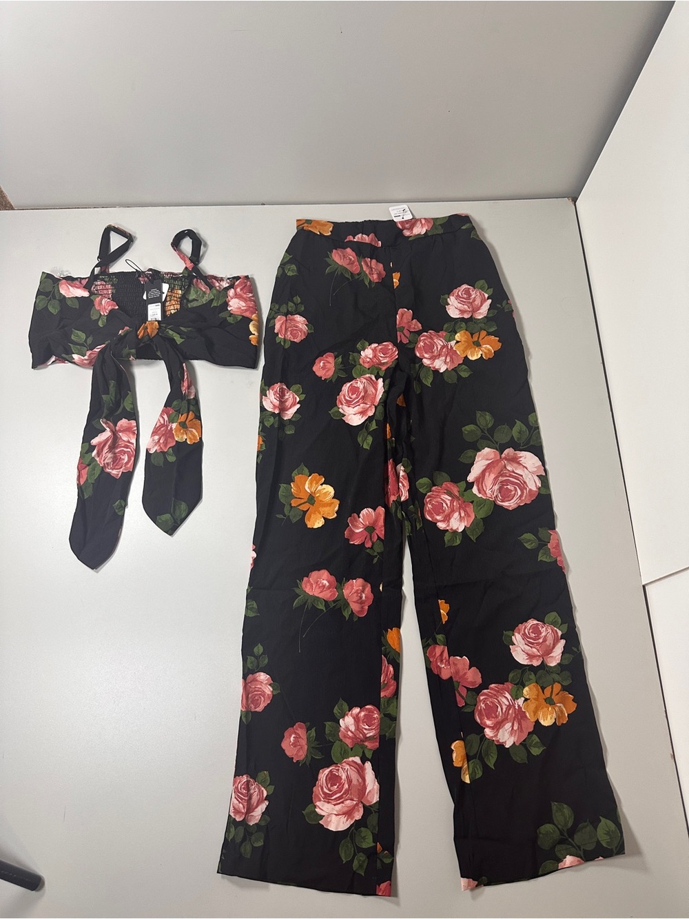 Fashion Nova Black Wide-Leg Pants with Pink & Orange Floral Print